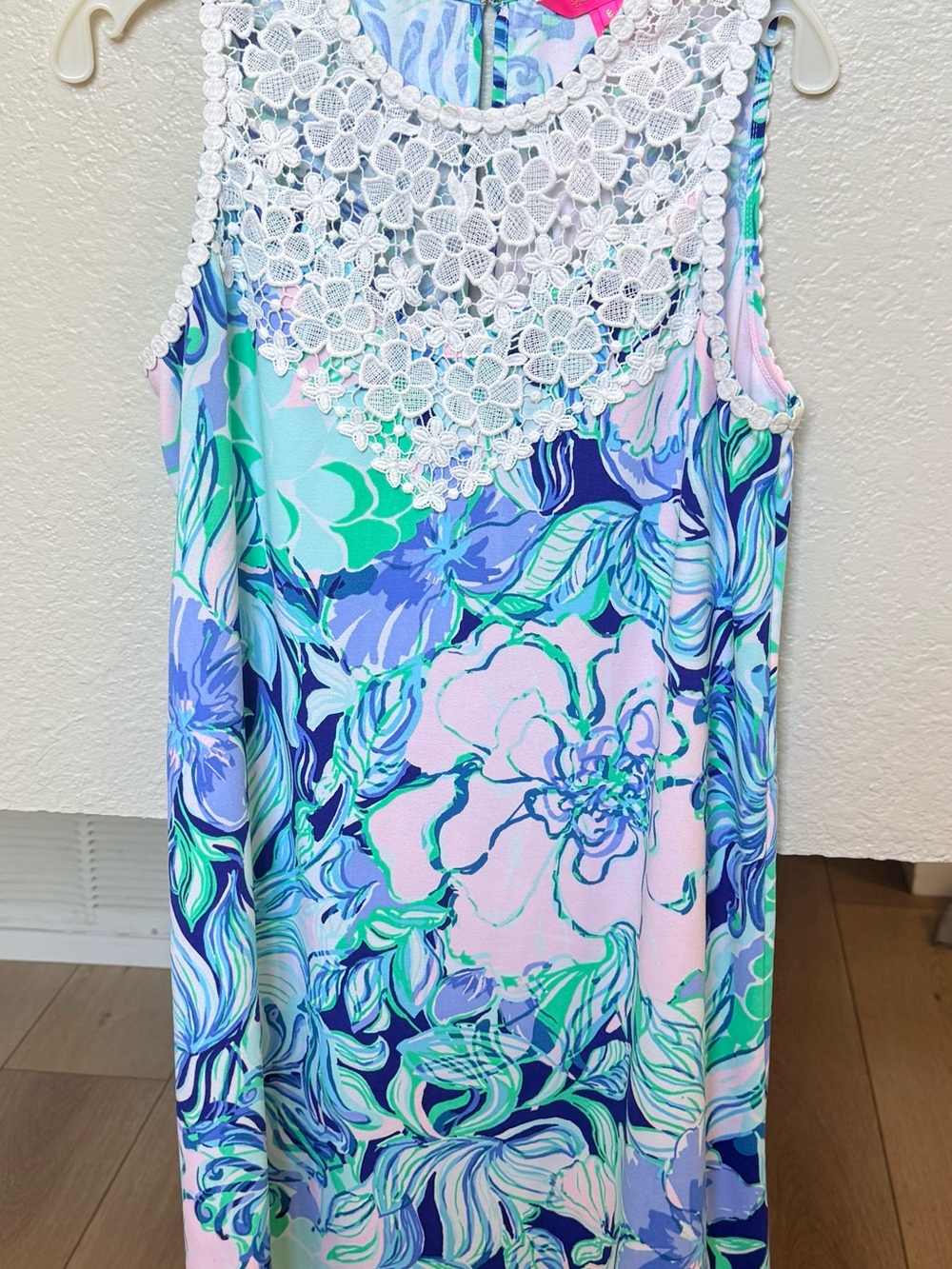 Swirled Aqua & Pink Tropical Dress with White Crochet Trim